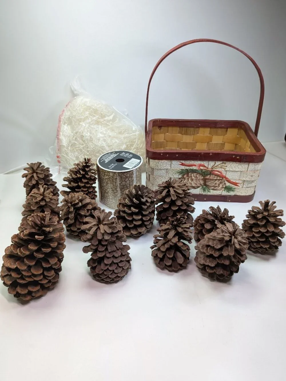 Rustic Holiday Decor Bundle: Wood Crackle Basket,12 Natural Pinecones & Metallic